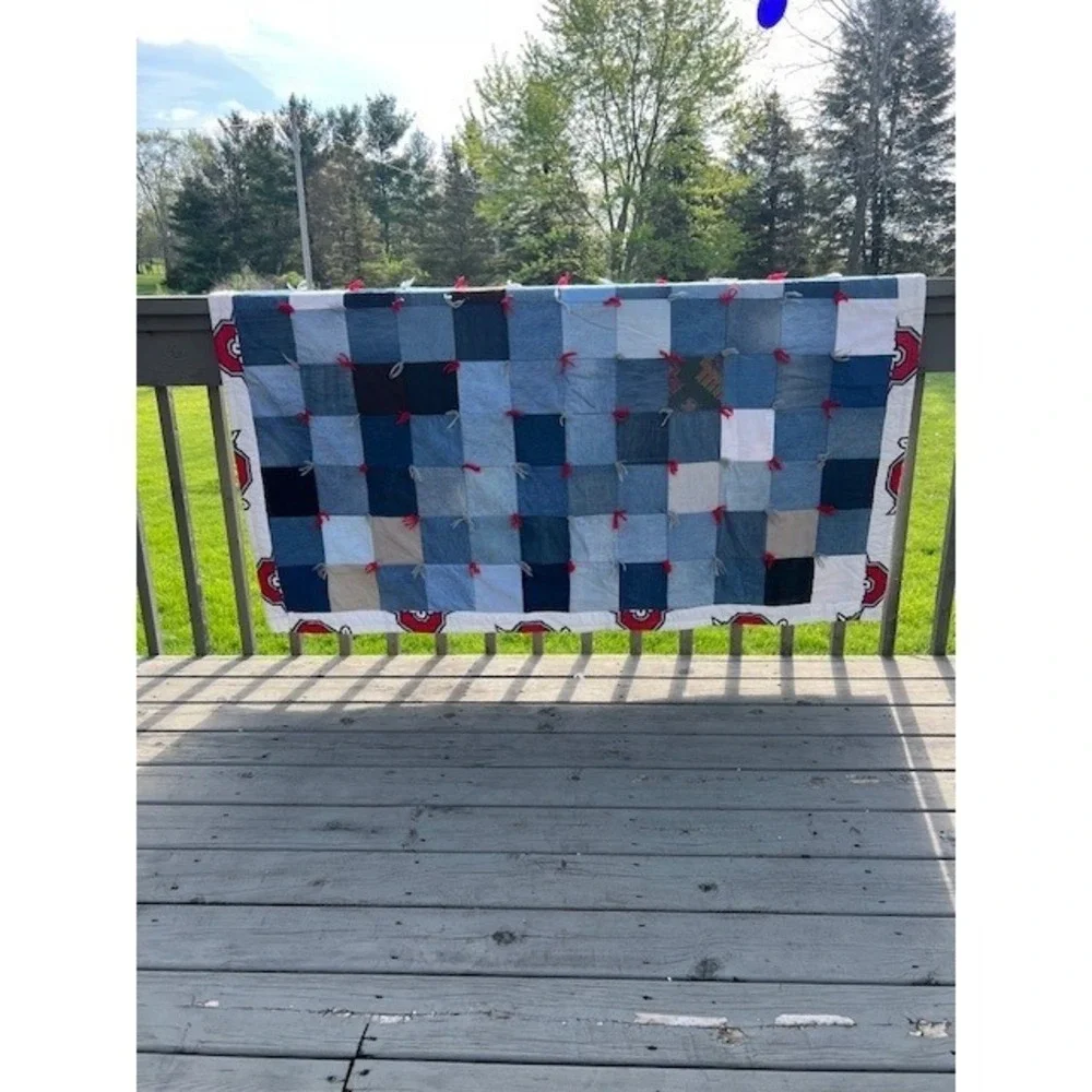 Handmade Ohio State Buckeyes Reversible Denim Patchwork Quilt Tied Throw Blanket